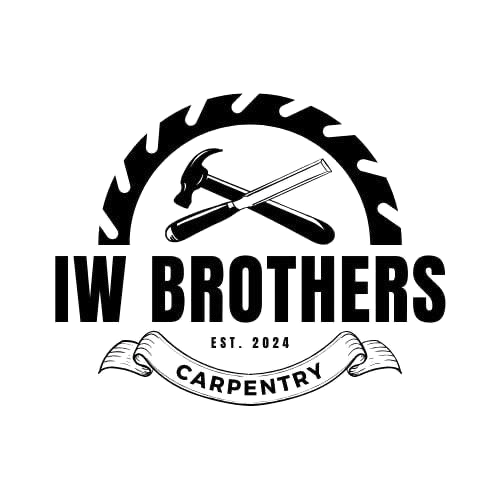 A logo for IW Brothers Carpentry with a saw blade, hammer, and chisel over the words IW Brothers